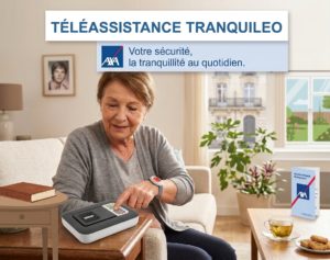 grand mère portant un médaillon de téléassistance Tranquileo AXA à domicile